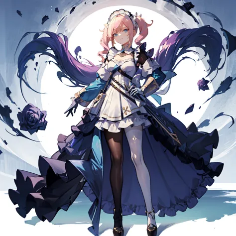 1 girl，rose，full body，pink long hair,high twin tail,((White Maid Costume)),blue eyes,Blunt bang,((whole body)),whole body,