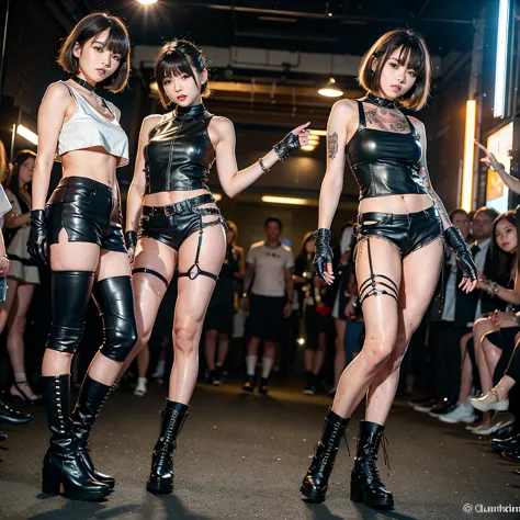 Ultra short hair、Leather sleeveless top、hot pants、A lot of studs、Lace-up boots、Leather Gloves、Double line tattoo on upper arm、Fu...