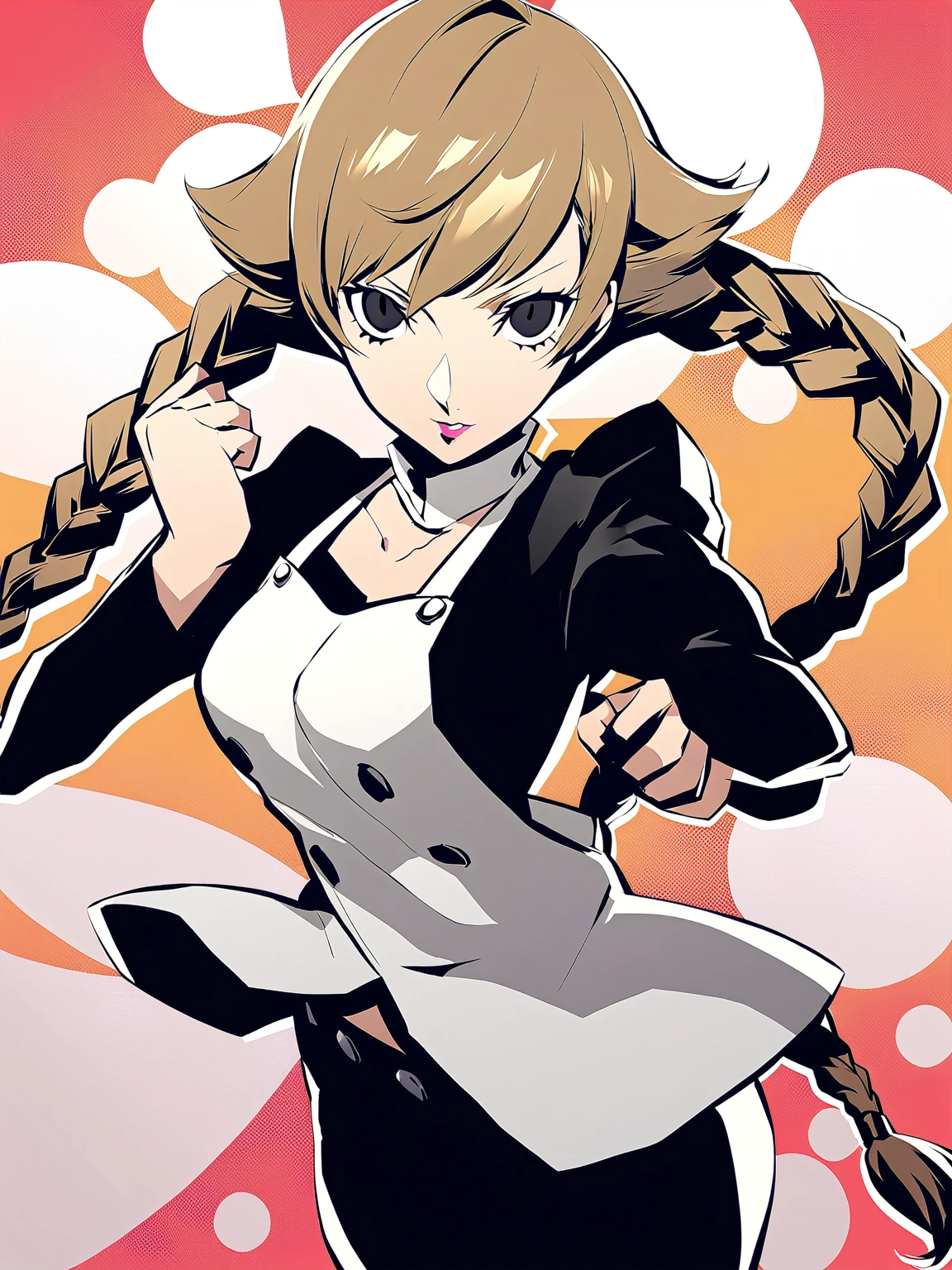 Belle fille, Longues tresses, des cheveux châtain clairs, Yeux noirs, l&#39;adolescence, Personnage Persona5, Taiga Asaki chef-d&#39;œuvre, meilleure qualité, pose dynamique, joli, couleur lavande, frange latérale, Idole, art conceptuel des personnages, fioritures, angélique