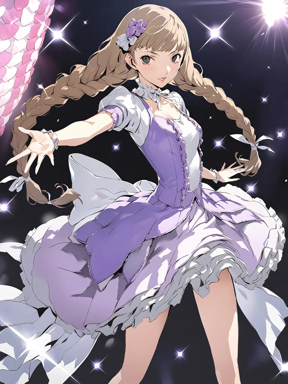 beautiful girl, long braids, light brown hair, black eyes, teen, Persona5 character, Taiga Asaki ,masterpiece, meilleure qualité, pose dynamic, pretty, lavender color, side bangs, idol, character concept art, frills, angelic