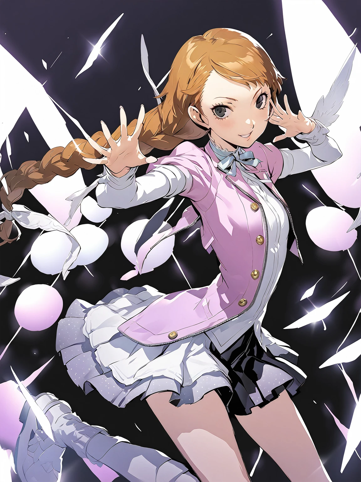 beautiful girl, long braids, light brown hair, black eyes, teen, Persona5 character, Taiga Asaki ,masterpiece, meilleure qualité, pose dynamic, pretty, lavender color, side bangs, idol, character concept art, angelic, shujin academy, skirt