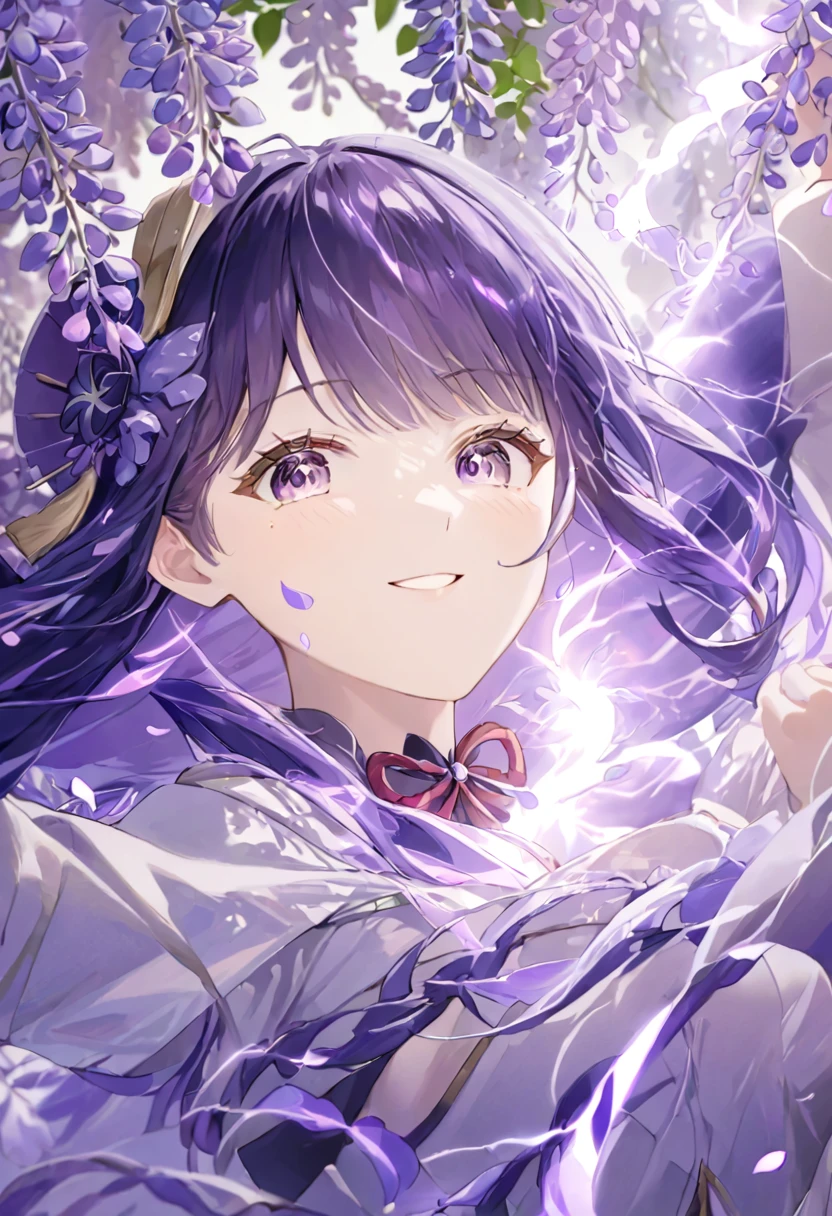 Super detailed,(Highest quality),((masterpiece)),(High resolution),original,Highly detailed 8k wallpaper,(Very delicate and beautiful),Highest_hand,anime,    (\Raiden Shogun\),Beautiful pupils,White background,Purple lightning and wisteria petals dancing,smile