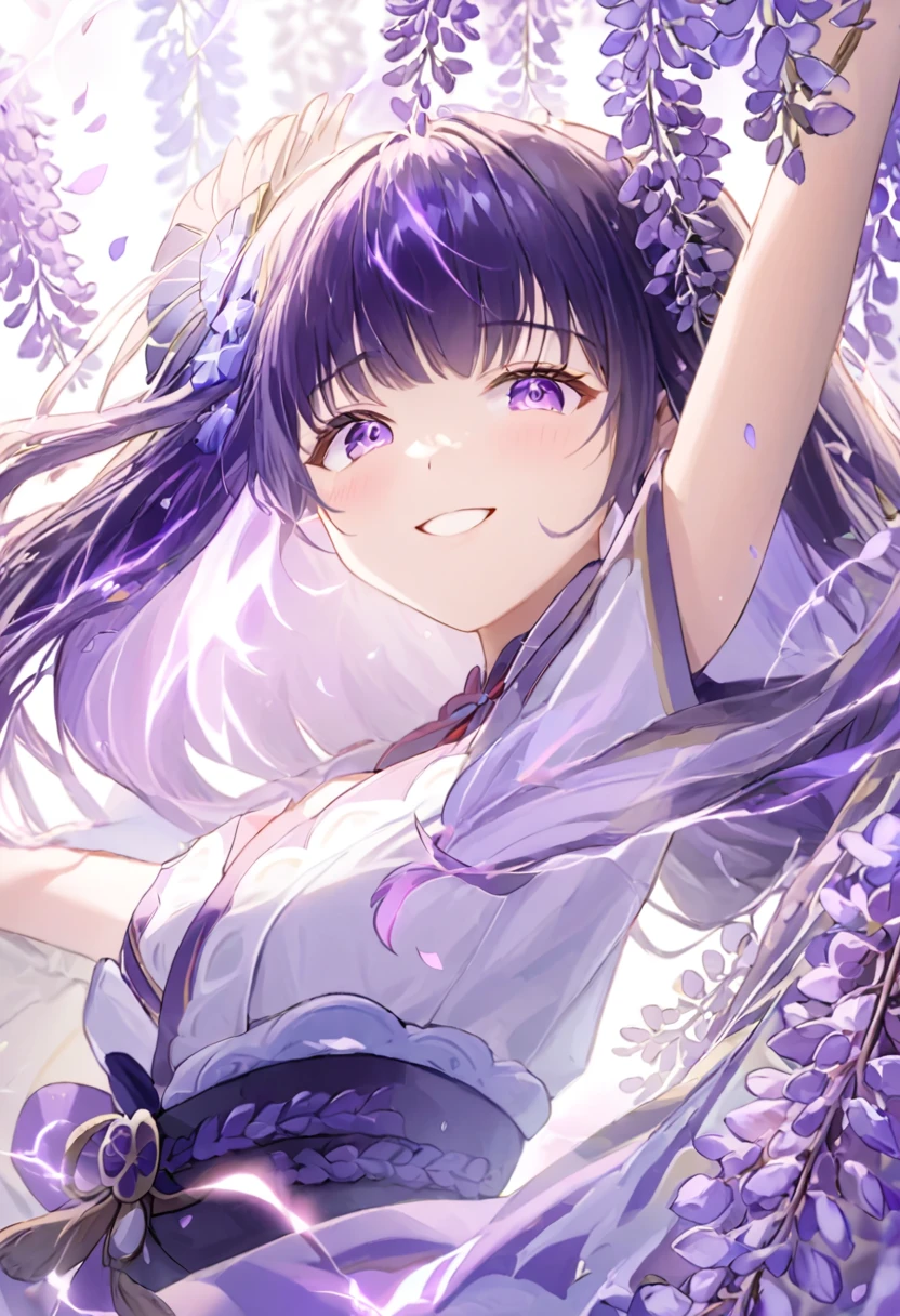 Super detailed,(Highest quality),((masterpiece)),(High resolution),original,Highly detailed 8k wallpaper,(Very delicate and beautiful),Highest_hand,anime,    (\Raiden Shogun\),Beautiful pupils,White background,Purple lightning and wisteria petals dancing,smile