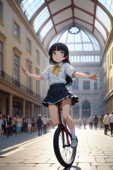 (ruri gokou), (((riding a high unicycle))), (((arch skylight and ceiling))), (((juggling))), (((crowd))), ((dancing)), ((raise a...