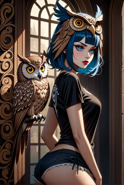3/4 view, Woman Madara Naruto + Arlequina sexy big ass wearing an (owl headdress), looking away, [Surrealism | Pop Surrealism | ...