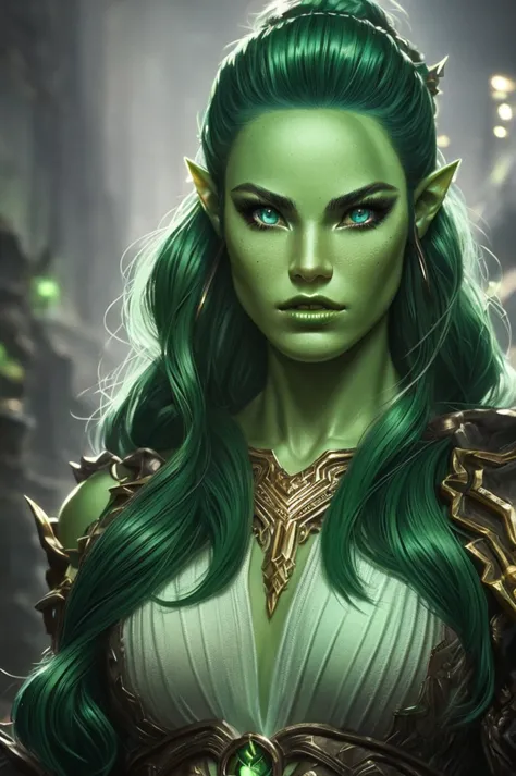 a Green Orc Female, light green skintone, beautiful detailed eyes, beautiful detailed lips, extremely detailed face, long eyelas...
