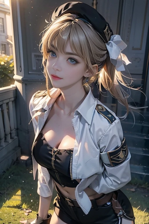  19 years old, (milf:0.8), (solo:1.5), (sfw:1.25), sexy breast, beautiful breasts, (medium tits:0.8), thin waist, big ass:1.0, Raised sexy, (black beret,black military jacket, open clothes, cleavage, midriff, black shorts, black thighhighs, thigh strap, fingerless gloves, single glove:1.2), blue eyes, light smile, big , Revimpling fabric, earrings, Hand gloves, detailed face,(hold a cigarette:1.1),long hair,side ponytail,hair between eyes,bangs,detailed and beautiful eyes,beautiful detailed lips,Rolling her eyes,manner,hair over one eye, (ultra high resolution, 8K RAW photo, photo realistics, thin outline:1.3, clear focus), best qualtiy, natural lighting, textile shading, field depth, (Bright pupils, fine detailed beautiful eyes with highlight:1.3, high detailed face), Red lip, fine realistic skins:1.1, looking down viewers:1.3, (dynamic angle:1.3, front view:1.1, breast focus:1.3, from above:1.2), (dynamic posing:1.5, sexy posing:1.2),Youghal, side lock, hair ornaments,nice,garden background,artistic rendering,Super detailed,(highest quality,4k,8K,High resolution,masterpiece:1.2),Bright colors,studio lighting ,at military base in usa 