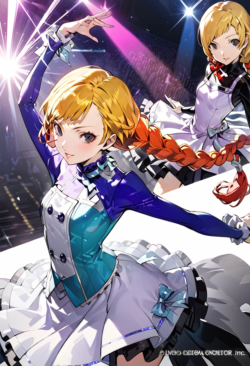 eautiful girl, long braids, blonde hair, black eyes, teen, Persona5 character, Taiga Asaki ,masterpiece, meilleure qualité, pose dynamic, pretty, lavender color, side bangs, idol, character concept art, angelic, shujin academy, skirt