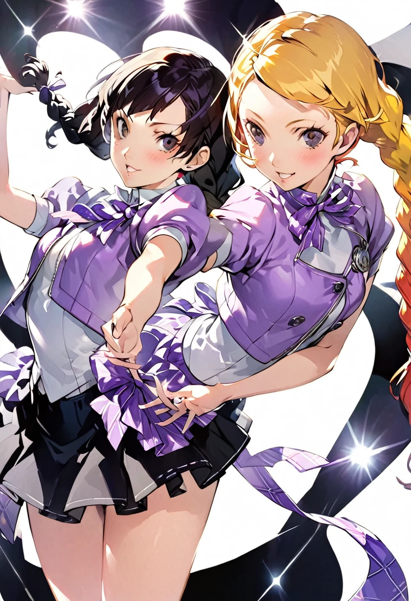 eautiful girl, long braids, blonde hair, black eyes, teen, Persona5 character, Taiga Asaki ,masterpiece, meilleure qualité, pose dynamic, pretty, lavender color, side bangs, idol, character concept art, angelic, shujin academy, skirt