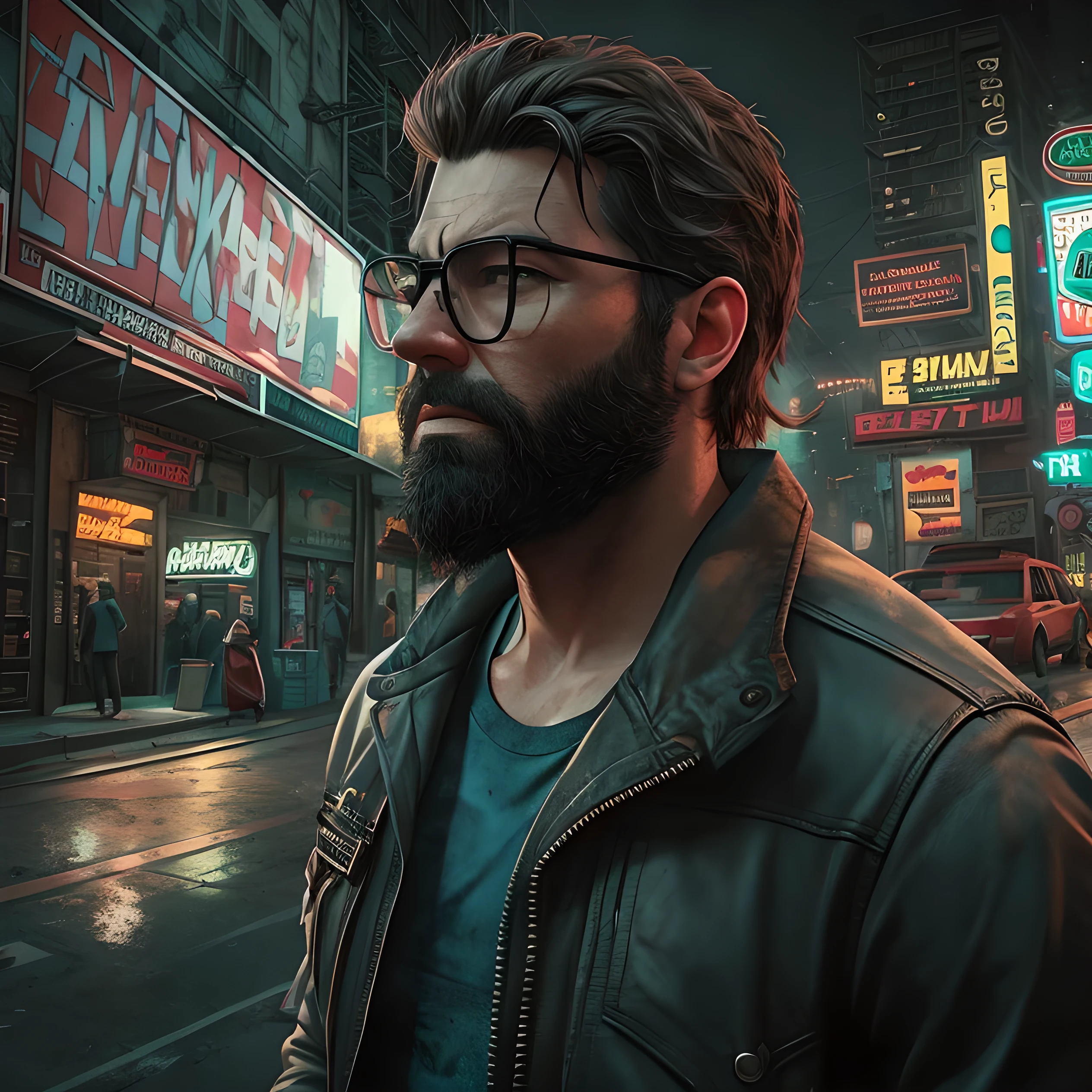 Close-up PivaArts male with glasses and beard, GTA IV style, high-res, ultra-detailed, realistic, urban cityscape, vibrant colors, street art, graffiti, dynamic lighting, cinematic composition, retro vibes, character customization, darkened atmosphere, stylish fashion, iconic protagonist, bustling metropolis, neon lights, expressive facial features, immersive gameplay, interactive environment, action-packed scenes, gritty textures, gritty urban lifestyle, photorealistic characters, detailed background details, attention to detail, moody ambiance.