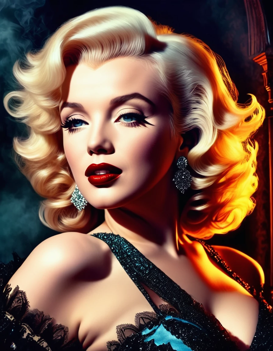 Marilyn Monroe im gotisch-romantischen Stil, mit dunkel, launische Töne, dramatische Beleuchtung, und eine Atmosphäre von Mysterium und Drama. Hyperrealistisches Foto, leuchtende Farben, 16k