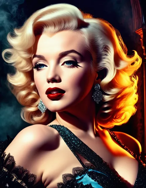 Marilyn Monroe in a gothic romantic style, with dark, moody tones, dramatic lighting, and an air of mystery and drama. Hyper-rea...