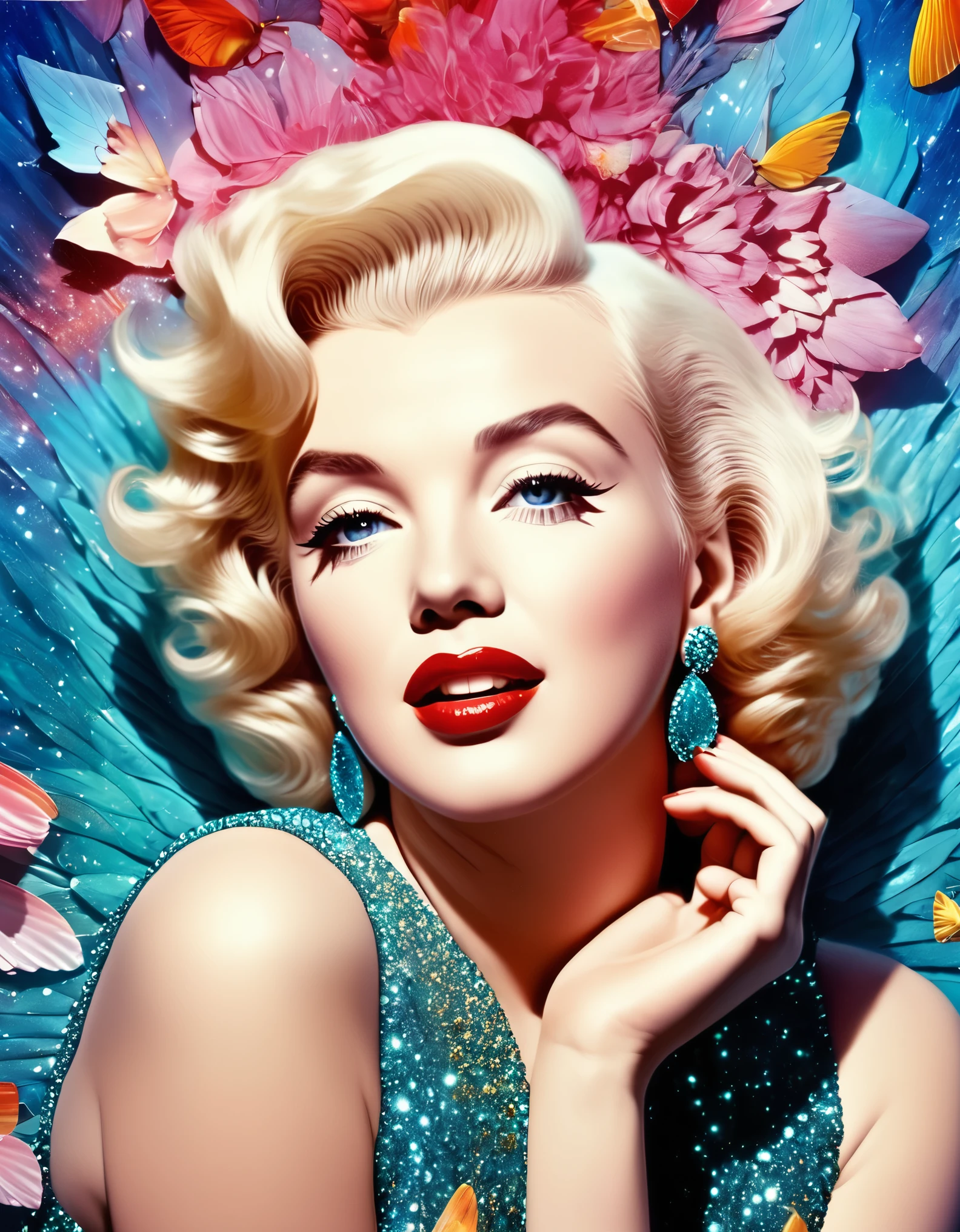 Ein surrealistisches Foto von Marilyn Monroe, mit traumhaften Elementen und fantasievollen, überirdische Details. Hyperrealistisches Foto, leuchtende Farben, 16k