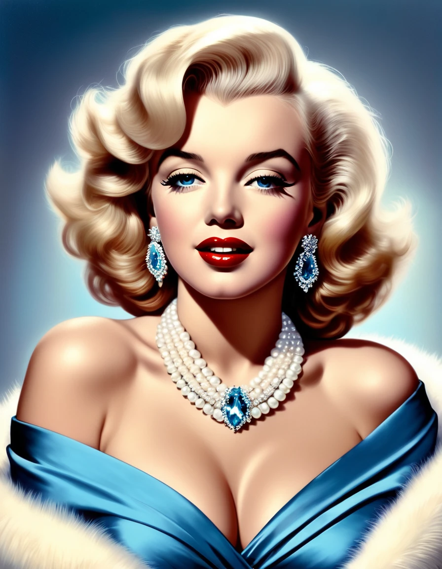 Eine fotorealistische Darstellung von Marilyn Monroe in einer glamourösen Pose, trägt eine Pelzstola und eine Perlenkette, strahlt klassische Hollywood-Eleganz aus. Hyperrealistisches Foto, leuchtende Farben, 16k