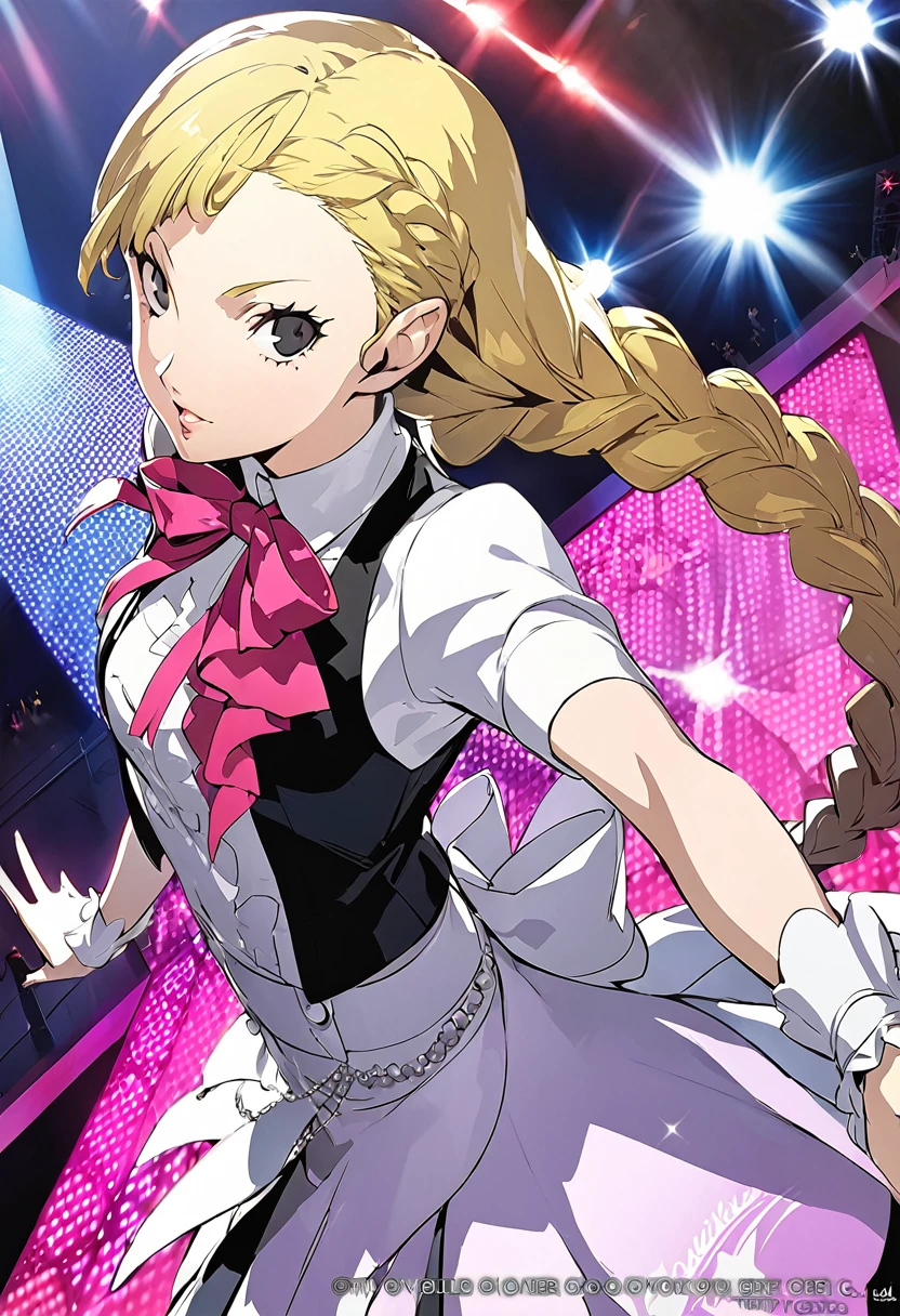 eautiful girl, long braids, light blonde hair, black eyes, teen, Persona5 character, Taiga Asaki ,masterpiece, meilleure qualité, pose dynamic, pretty, lavender color, side bangs, idol, character concept art, angelic, idol