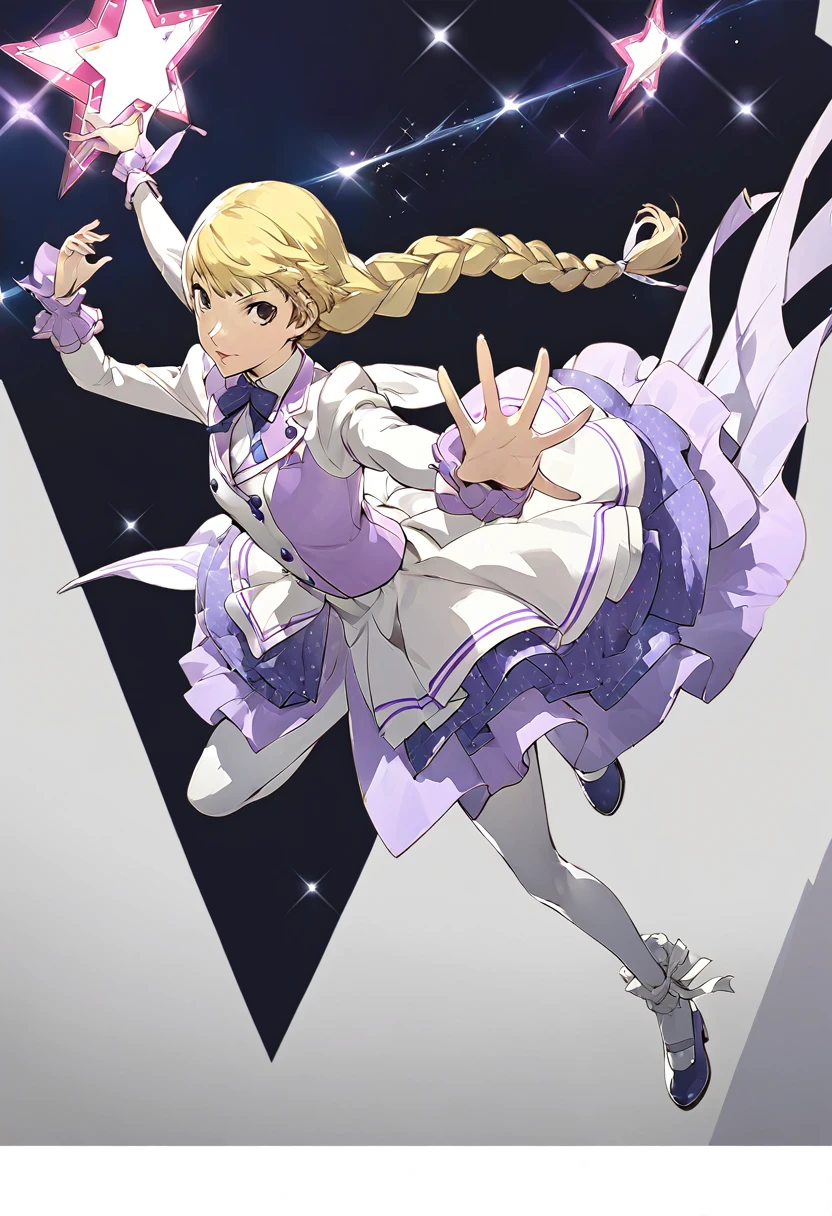 Belle fille, Longues tresses, Cheveux blond clair, Yeux noirs, l&#39;adolescence, Personnage Persona5, Taiga Asaki ,chef-d&#39;œuvre, meilleure qualité, pose dynamique, joli, couleur lavande, frange latérale, Idole, art conceptuel des personnages, angélique, Idole, 1fille, fond simple