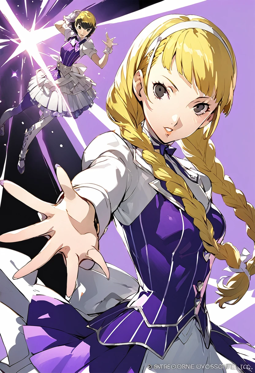 Belle fille, Longues tresses, Cheveux blond clair, Yeux noirs, l&#39;adolescence, Personnage Persona5, Taiga Asaki ,chef-d&#39;œuvre, meilleure qualité, pose dynamique, joli, couleur lavande, frange latérale, Idole, art conceptuel des personnages, angélique, Idole, 1fille, fond simple