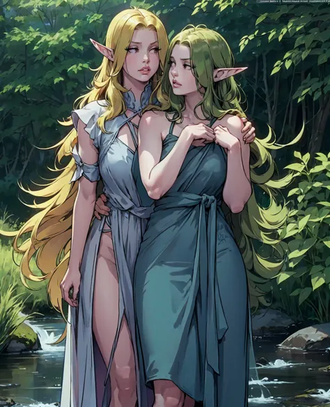 a beautiful elf girl with long flowing hair, delicate facial features, pointy ears, wearing a shimmering green dress, standing i...