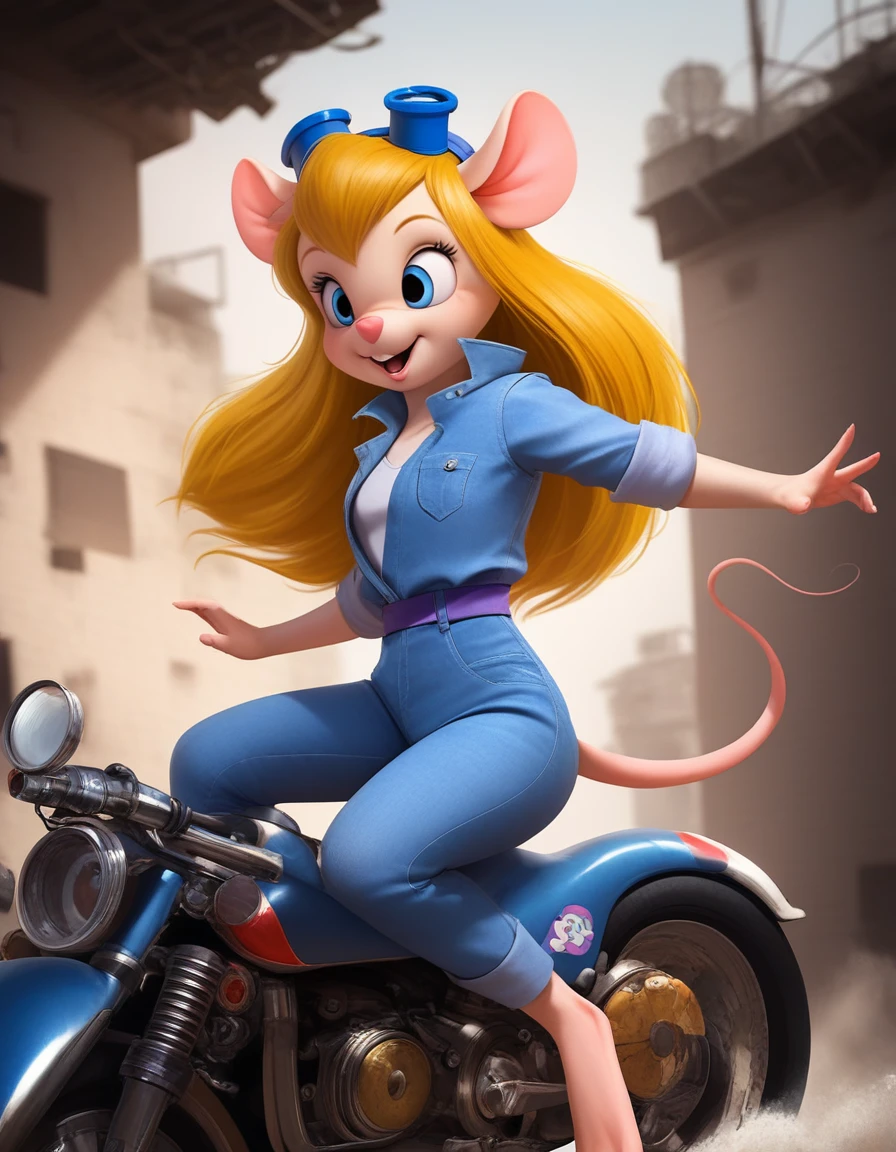 score_9, score_8_up, score_7_up, source_realistic, highly realistic, (absurd resolution), intricate details, zPDXL2, asymmetrical, concept art, raw photo,
1girl, tiny shrunken anthro mouse woman, gadget hackwrench, looking aside, {long orange hair}, {in a vintage '50s blue overalls}, riding an blue old style motorcycle, dynamic pose for speed riding, (focused look), gh_clothes, gh_goggles, sparkling blue eyes, long blonde hair, medium breasts, wearing blue denim jumpsuit with sleeves rolled up, welding goggles on head, mouse hole,
dynamic angle, cinematic lighting, detailed fur texture, detailed eyes, detailed background, volumetric lighting, subsurface scattering, 