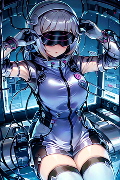 1 Girl, whole body, (space helmet):10,He has a large metal helmet on his head that covers his hair and eyes., tube, wire, She gets electrocuted, brainwashing,astrovest,bing_astronaut,blush,torogao,