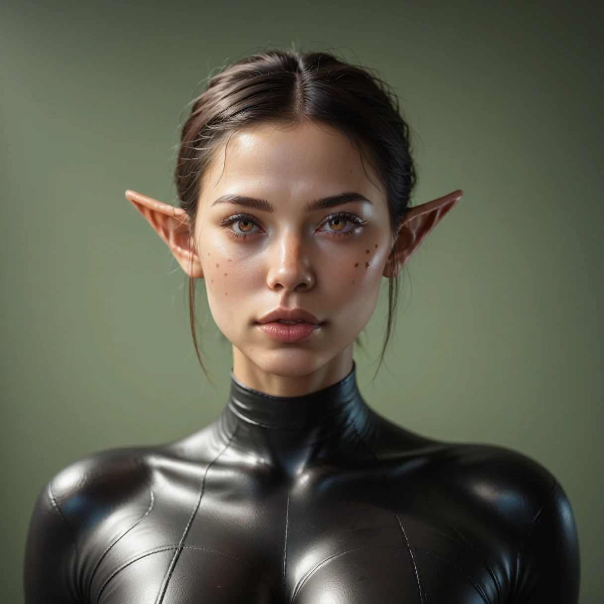 1girl, green skin, pointed ears, spots on skin, flat nose, narrow lips, black leather suit, large breasts, hyper detailed, 8k, photorealistic, masterpiece, intricate details, cinematic lighting, dramatic atmosphere, high contrast, vibrant colors