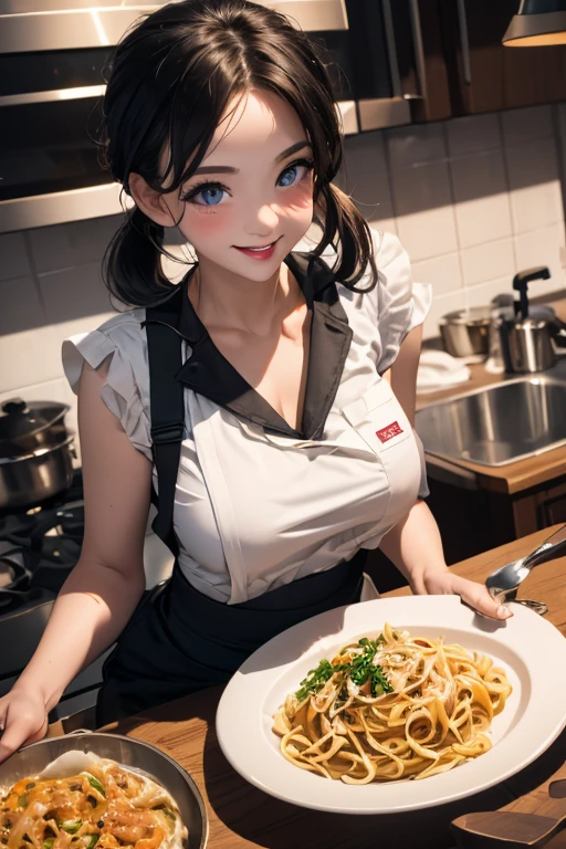 (dynamic angle:1.3, front view:1.1, breast focus:1.3, from above:1.1), (dynamic posing:1.2, sexy posing:1.2), (seductive smiling:1.3), ((holding Pasta on a plate,Taking the pasta out of the pan, worried about the outcome:1.2)),highest quality、(real、photorealistic:1.4),(ultra high resolution, 8K RAW photo, clear focus), best qualtiy, natural lighting, field depth, (Bright pupils, detailed beautiful eyes, high detailed face), Red lip, (tight focus:1.2), a girl 22yo old, Wearing a pastry chef uniform:1.3 , Thicc, thin breast, long hair, blue eyes,garter stocking, cleavage:1.2, midriff, black shorts, black thighhighs, thigh strap, pretty girl, (highly detailed beautiful face and eyes,firm breasts),real skin,((black,hair,long pony tail hair)),thin pubic hair,cute,lovely, detailed eyes,(double breasted:1.0,under bust:1.0),(with sparkling eyes and a contagious smile),open mouth, Looking at Viewer,A scene of make cooking Carbonara Pasta  in the kitchen
