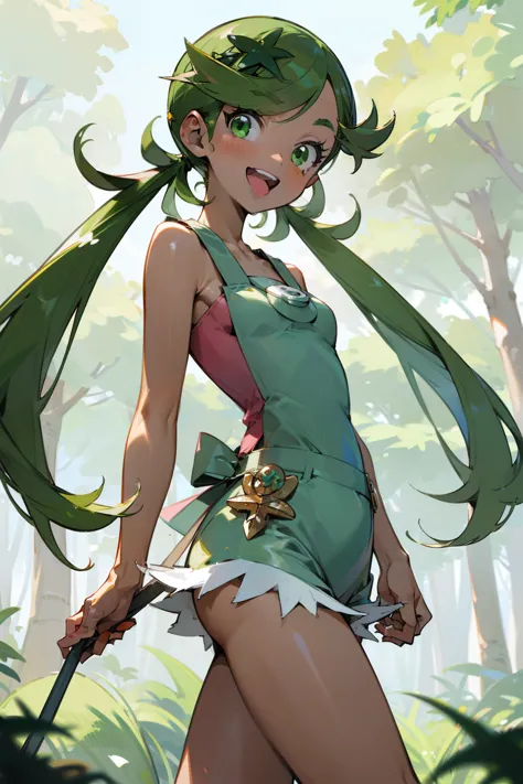 (masterpiece), best quality, ultra-detailed, 1girl(zodiac_mallow  , lovely small breasts,  dark skin , green hair, long hair, tw...