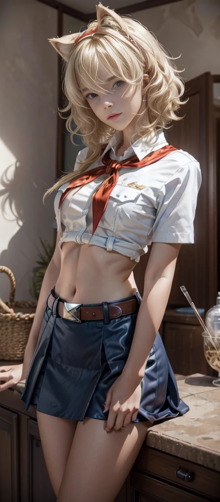 very young slim fit girl, full height, rounded face, (long curly disheveled blond hair:1.4), big blue eyes, shy smile, perfect medium breast, band on head with fake cat ears, monroe, pioneer neckerchief, short tight blue pleated skirt, bangs, tight white shirt, short sleeves, collared shirt, belt, red neckerchief, breast pocket, RAW, high detailed skin, 8k uhd, soft lighting, (masterpiece), (best quality:1.2), absurdres, thick outlines, (vibrant shadows), deep shadows, detailed eyes, full height, (high quality), high detailed background, high detailed face, high detailed finger