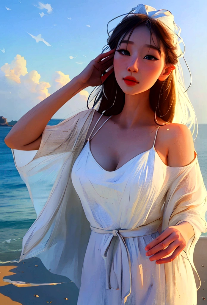 1girl, beautiful woman, jeju island, traveling alone, white dress, gentle breeze, fragrant midsummer, nature, (best quality,4k,8k,highres,masterpiece:1.2),ultra-detailed,(realistic,photorealistic,photo-realistic:1.37),HDR,UHD,studio lighting,ultra-fine painting,sharp focus,physically-based rendering,extreme detail description,professional,vivid colors,bokeh,portrait