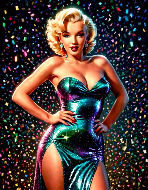 a photorealistic rendering of marilyn monroe in a glamorous pose, hands on her breasts, wearing a sparkling dress, exuding class...