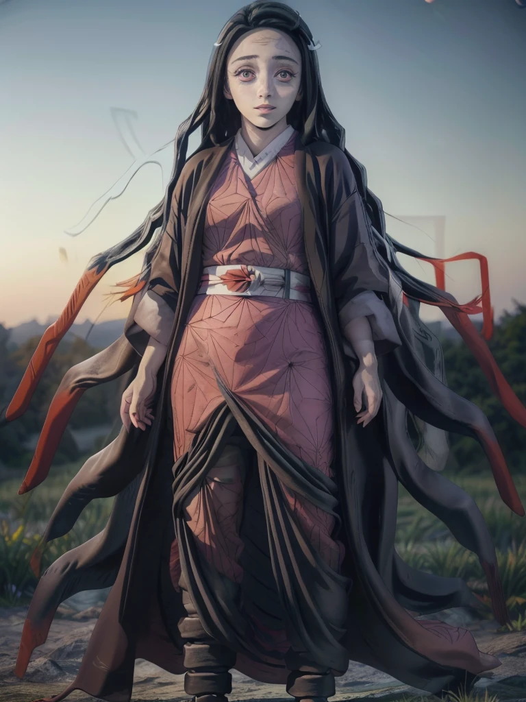 

Nezuko Kamado,tout le corps, Beaux yeux détaillés, belles lèvres détaillées, visage extrêmement détaillé, long cils, debout dans un champ, Ciel nocturne de galaxie, étoiles, lune rougeoyante, éthéré, mystique,  Photoréaliste, 8k, haute résolution, chef-d&#39;œuvre, ultra-détaillé, couleurs vives, fantaisie, 