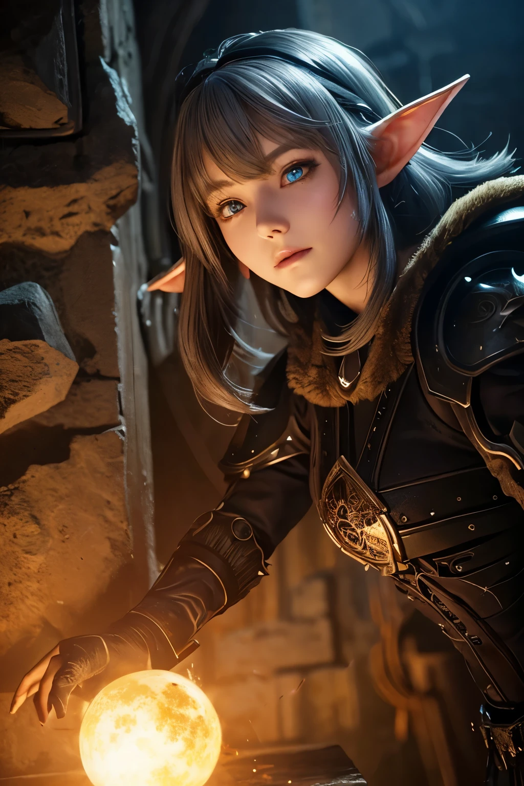 (Ultra-detailed face, looking away), (Fantasy Illustration with Gothic & Ukiyo-e & Comic Art), (A middle-aged dark elf woman with silver hair, blunt bangs, bob cut and dark purple skin, lavender eyes), (She has her goggles shifted to her forehead and is wearing red quilted armor and red boots), BREAK (She is in a dark, abandoned room in a clock tower, her face close to the wall in a daring pose, reaching out and turning a handle in an attempt to solve a puzzle of gears on the wall), BREAK (In the background, we see crumbling clock parts and a snapping, pale, glowing ball floating in the air)