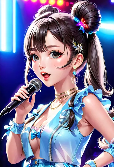 a beautiful young idol girl with twin tails is singing on the stage at a concert。bust:1.5、(highest quality、4k、8k、high resolution...