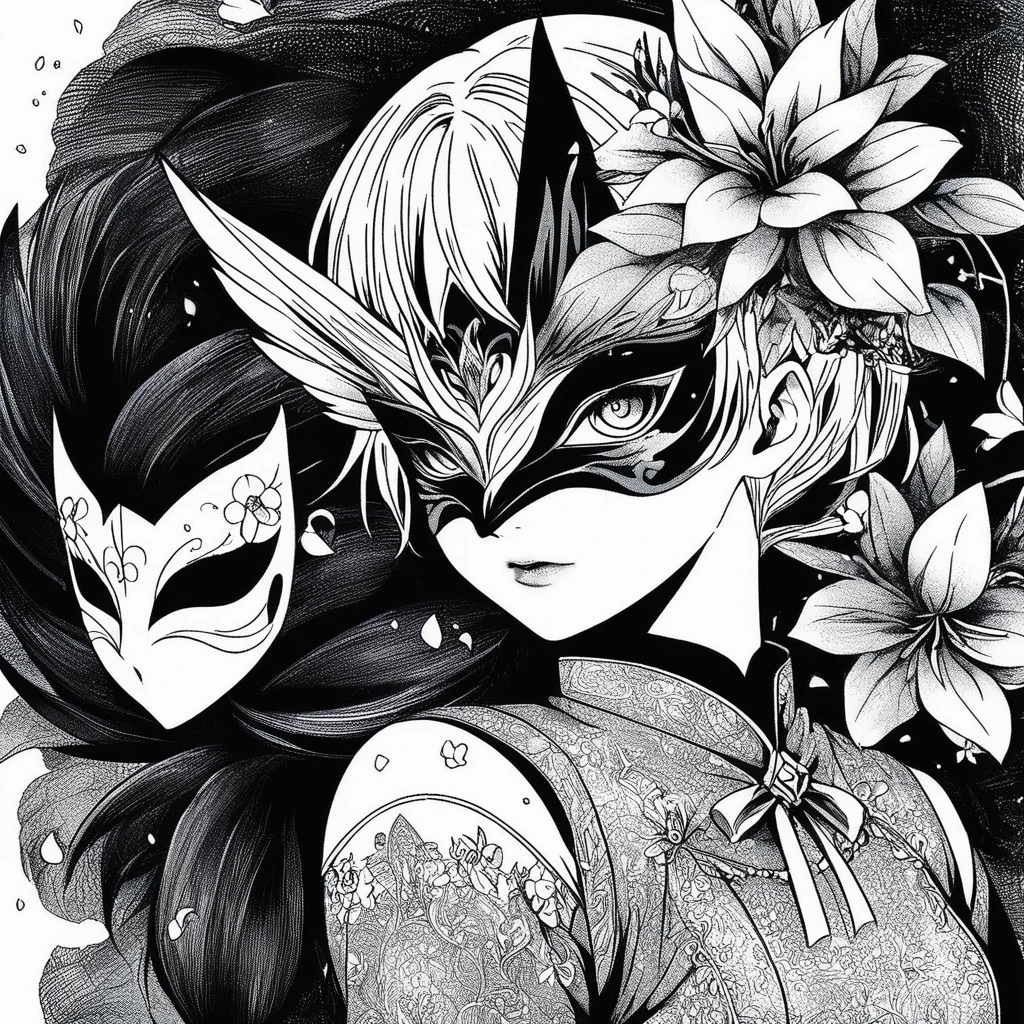 arte lineal de anime，en blanco y negro，mascarilla，flor