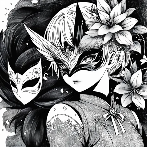 Anime Line Art，Black and White，mask，flower