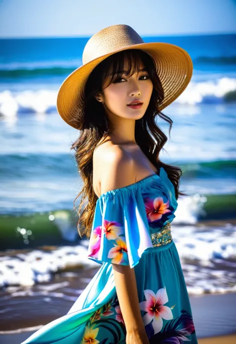 a modern asian  girl at beach spot wearing hats with full dress 