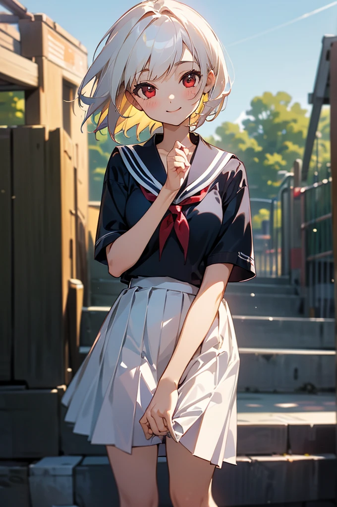 ((masterpiece,Highest quality, High resolution)), One girl, alone, Red eyes, Short white hair, smile, Sailor suit, Short sleeve, White pleated skirt, (Cute illustrations:1.2), (blue sky), Dramatic Light, afternoon, Bokeh effect