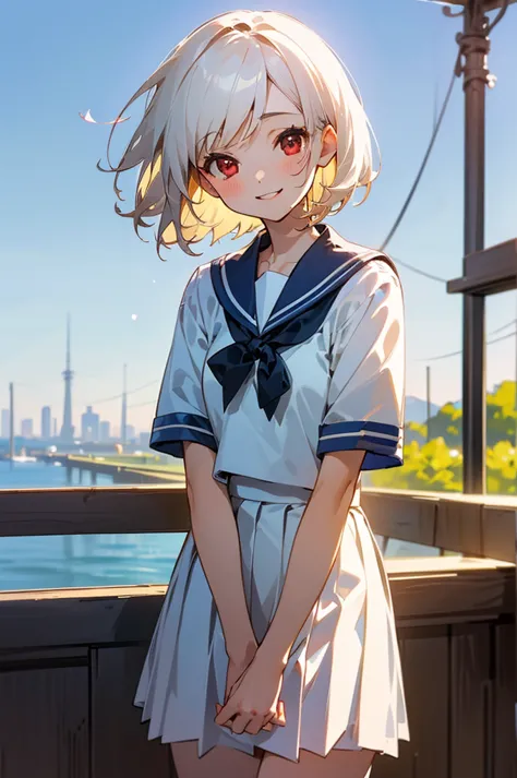 ((masterpiece,Highest quality, High resolution)), One girl, alone, Red eyes, Short white hair, smile, Sailor suit, Short sleeve,...