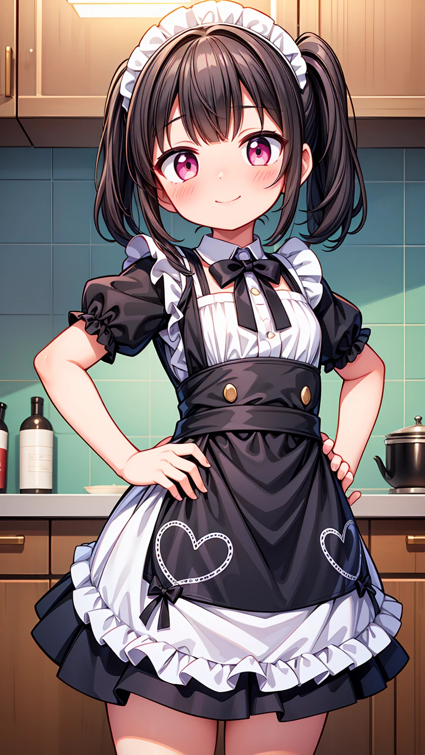 (Highest image quality), (highest quality), (masterpiece), (dynamic lighting), (photo realism), maid uniform, detailed face, ((loli)), ((girl)), (little curve), short black hair, one side ponytail hairstyle, pink eyes, ((very small bust)), (apron), smile, winking, kitchen background, ((very blushing)), ((detailed hands and fingers)), hands on the hips, viewer perspective from below, (blush), more detailed