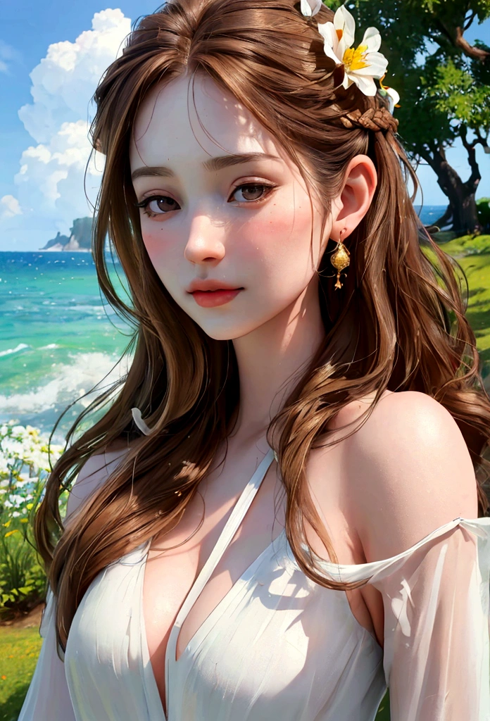 (Surrealistic style), (Girl 1_Pretty face with delicate features, long brown hair, bushy hair), (Beautiful woman_Clear and clean pale skin), Jeju Island, solo travel, white dress, breeze, fragrant midsummer , Nature, (Highest Quality, 4k, 8k, High Definition, Masterpiece: 1.2), Ultra Detail, (Realistic, Realistic, Realistic: 1.37), HDR, UHD, Studio Lighting, Sharp Focus, Physically Based Rendering, Highly Detailed, Professional ,Vivid colors,Bokeh,Portrait