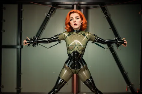 beautiful face,random pose,chained to wall,tied to bondage Xcross,toxic green latex catsuit, long sleeves,o-ring choker,((Armbin...