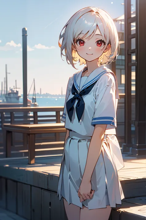 ((masterpiece,Highest quality, High resolution)), One girl, alone, Red eyes, Short white hair, smile, Sailor suit, Short sleeve,...