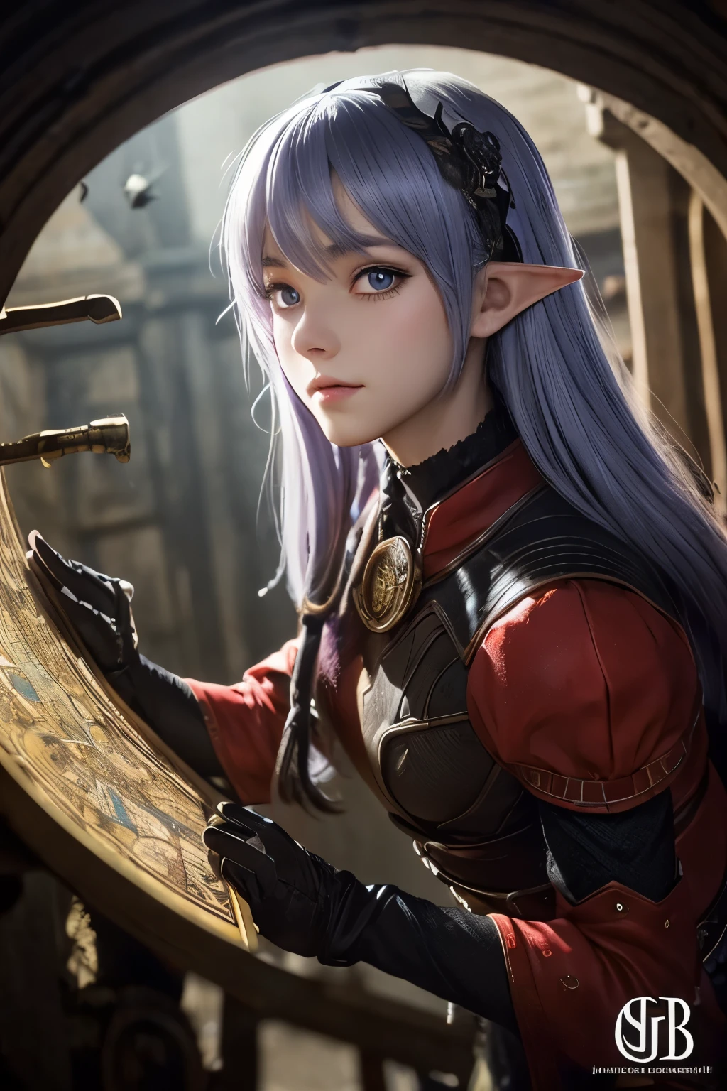 (Ultra-detailed face, looking away), (Fantasy Illustration with Gothic & Ukiyo-e & Comic Art), (A middle-aged dark elf woman with silver hair, blunt bangs, bob cut and dark purple skin, lavender eyes), (She has her goggles shifted to her forehead and is wearing red quilted armor and red boots), BREAK (She is in a dark, abandoned room in a clock tower, her face close to the wall in a daring pose, reaching out and turning a handle in an attempt to solve a puzzle of gears on the wall), BREAK (In the background, we see crumbling clock parts and a snapping, pale, glowing ball floating in the air)