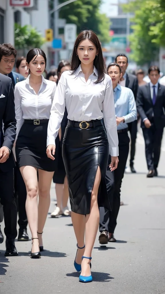 Create an image from a prompt "a thai handsome male student wearing a white long- sleeved shirt, a blue tie, a belt, blue pants, and leather shoes walking behind a thai beautiful female student wearing a white blouse, a blue skirt, and black shoes with a distant background of people walking on a street"