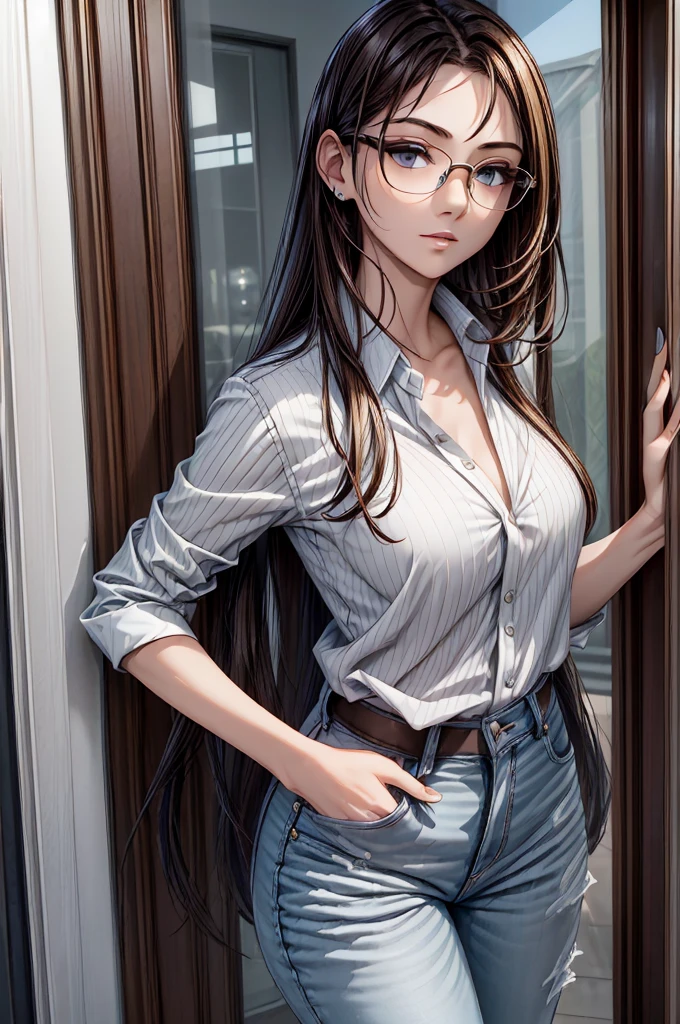 (masterpiece, best quality:1.2), detailed face, detailed eyes, elegant woman, long hair, high heeled,shiny skin,welcomes you at the door, Shirt, pants,random colar, ponitail hair,cool attitude,cool glasses,exciting,cool, perfect hand:1