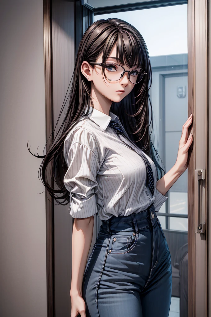 (masterpiece, best quality:1.2), detailed face, detailed eyes, elegant woman, long hair, high heeled,shiny skin,welcomes you at the door, Shirt, pants,random colar, ponitail hair,cool attitude,cool glasses,exciting,cool, perfect hand:1