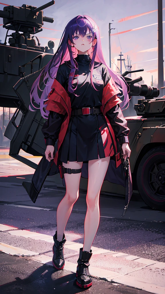 girl with long hair, perfect body, red-purple eyes, military jacket, purple-red and black clothing, military boots, many belts, carries an mp5, has war scars, bad-ass expression, walking shot, full-body focus, High definition details, military base background.