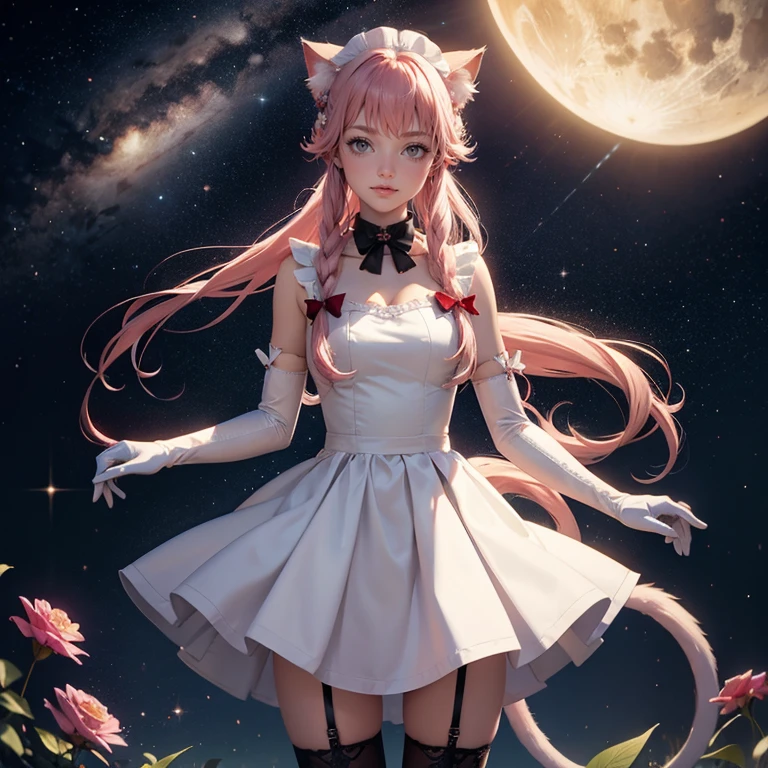 1girl, white maid dress, jewelry, pink hair, flowing hair, long hair, pigtails hair, maid dress with a short skirt and layers, white laces, white boots, white dress with transparency, gold details on her clothes, cat ears, animal ears,  more details, perfectly body, perfectly hands, two hands, two legs, two arms, five fingers, glowing hair, best quality, cat ears, animal ears, tail ornament, tail bow, white gloves, two cat tail, white gloves, alone, maid headdress, choker, detached sleeves, maid dress, maid white dress, masterpiece, best quality, detailed face, night, asymmetrical gloves, bangs, white short skirt , white gloves, white boots, earrings, elbow gloves, fishnet thigh highs, fish masterpiece, solo, best quality, detailed face, gloves, hair between eyes, jewelry, long hair, looking at viewer, single earring, sky, solo, thigh boots, thigh highs, uneven gloves, cat ears, solo, alone, Looking at the viewer, More details on the clothes, magenta roses on her hair, space scenery, maid, maid dress, magenta details, magenta roses, maid headdress, maid apron, wave hair, long hair, seat on the Saturn rings, bats details on her clothes, more details on her clothes, gold details on her clothes, space, smiling, standing her hand to a viewer, looking at the viewer, in the background a several asteroids glowing with fiery auras, Dramatic lighting from distant stars and planets illuminates the scene, looking at the vast and mysterious universe, cowboy shot, upper body portrait, more details, sparkle,