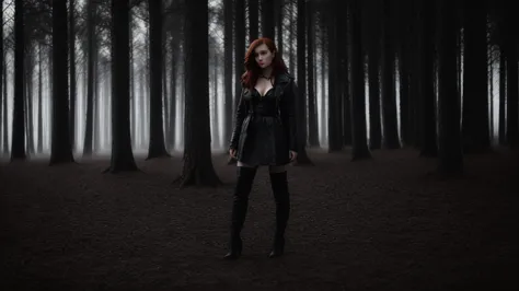 sensual woman standing, wearing black leather boots, lingerie, close-up of a (european woman), (red hair), (winter forest), natu...