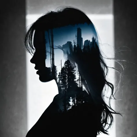 masterpiece double exposure of a long hair beauty woman silhouette with duo tone apocalypse aftermath in the underlying backdrop...